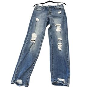 KanCan Blue Straight Leg Distressed Jeans with Cheetah/Leopard print patches